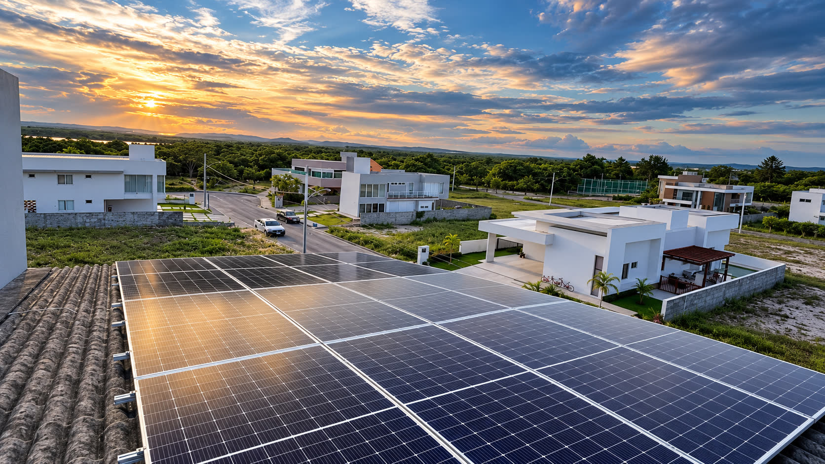 Painéis solares em telhado residencial ao entardecer